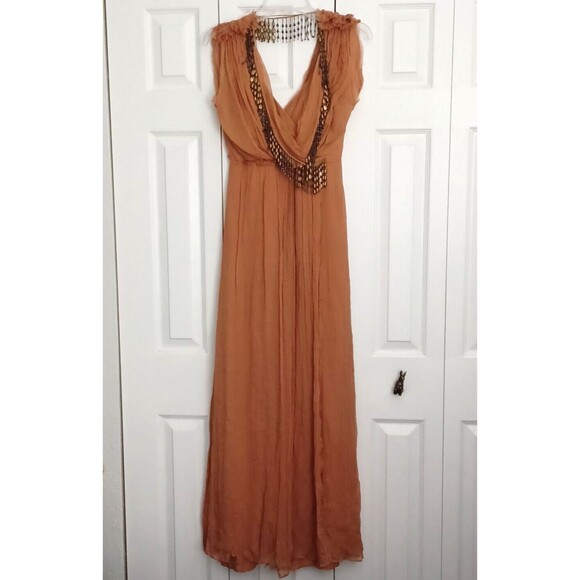 CRIS BARROS Long ORANGE  dress with SILK lining Beads antique inserts Size 38 - Picture 3 of 16